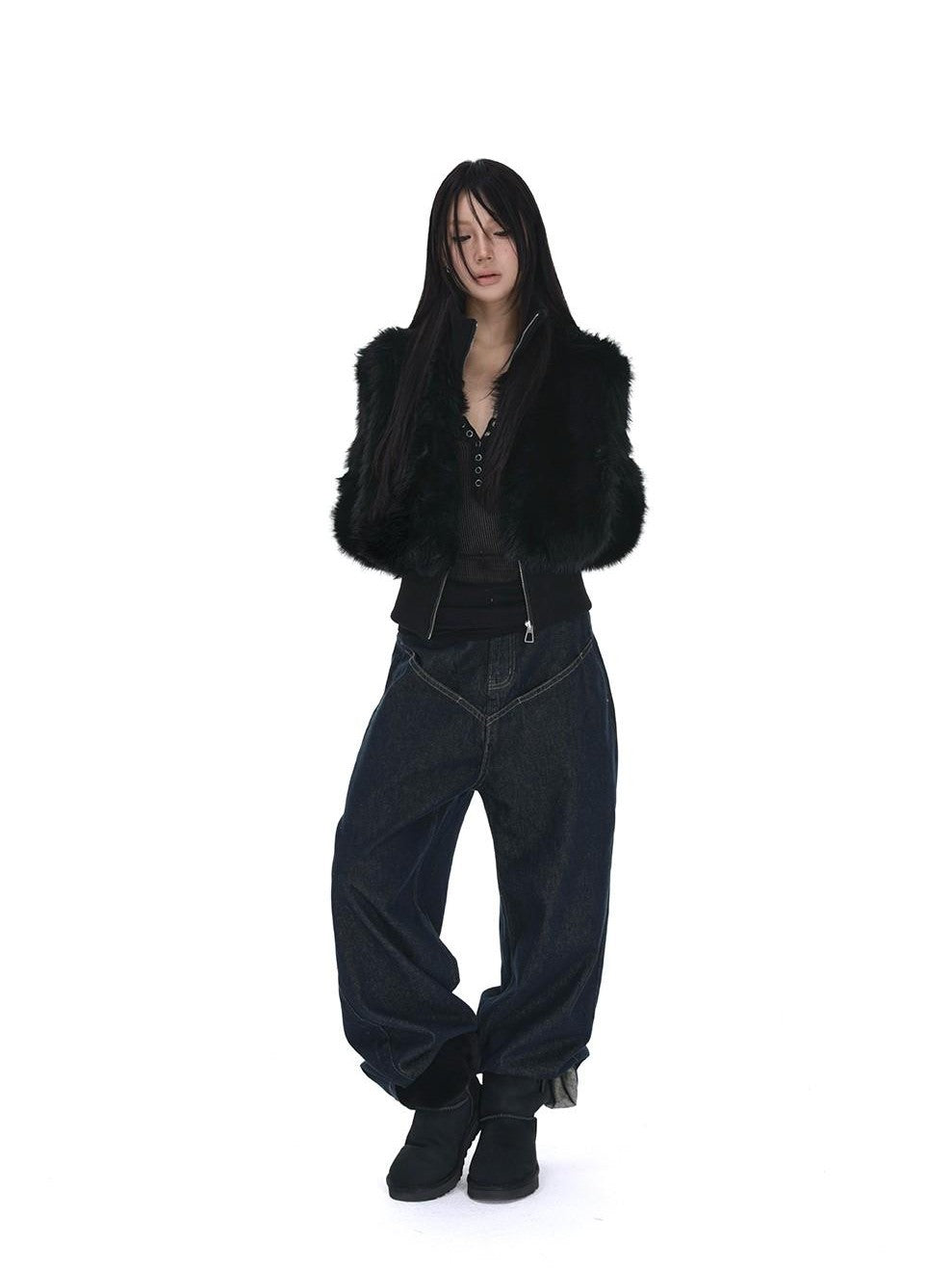 iamxiaa Black Cropped Stand Collar Zipper Petite Women&