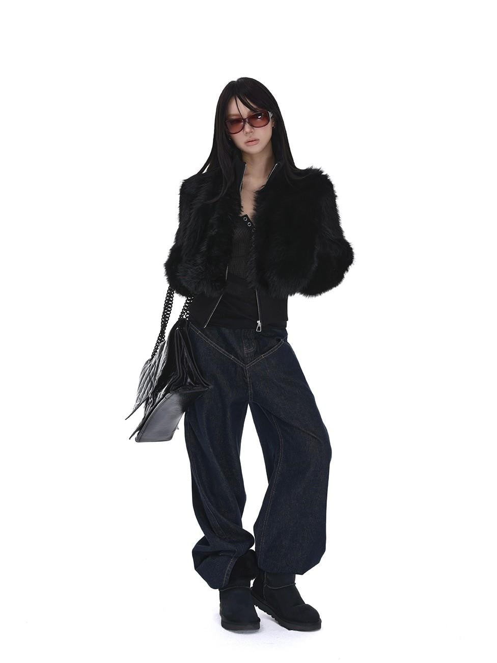 iamxiaa Black Cropped Stand Collar Zipper Petite Women&