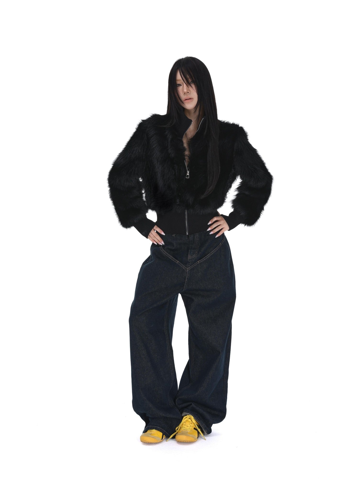 iamxiaa Black Cropped Stand Collar Zipper Petite Women&