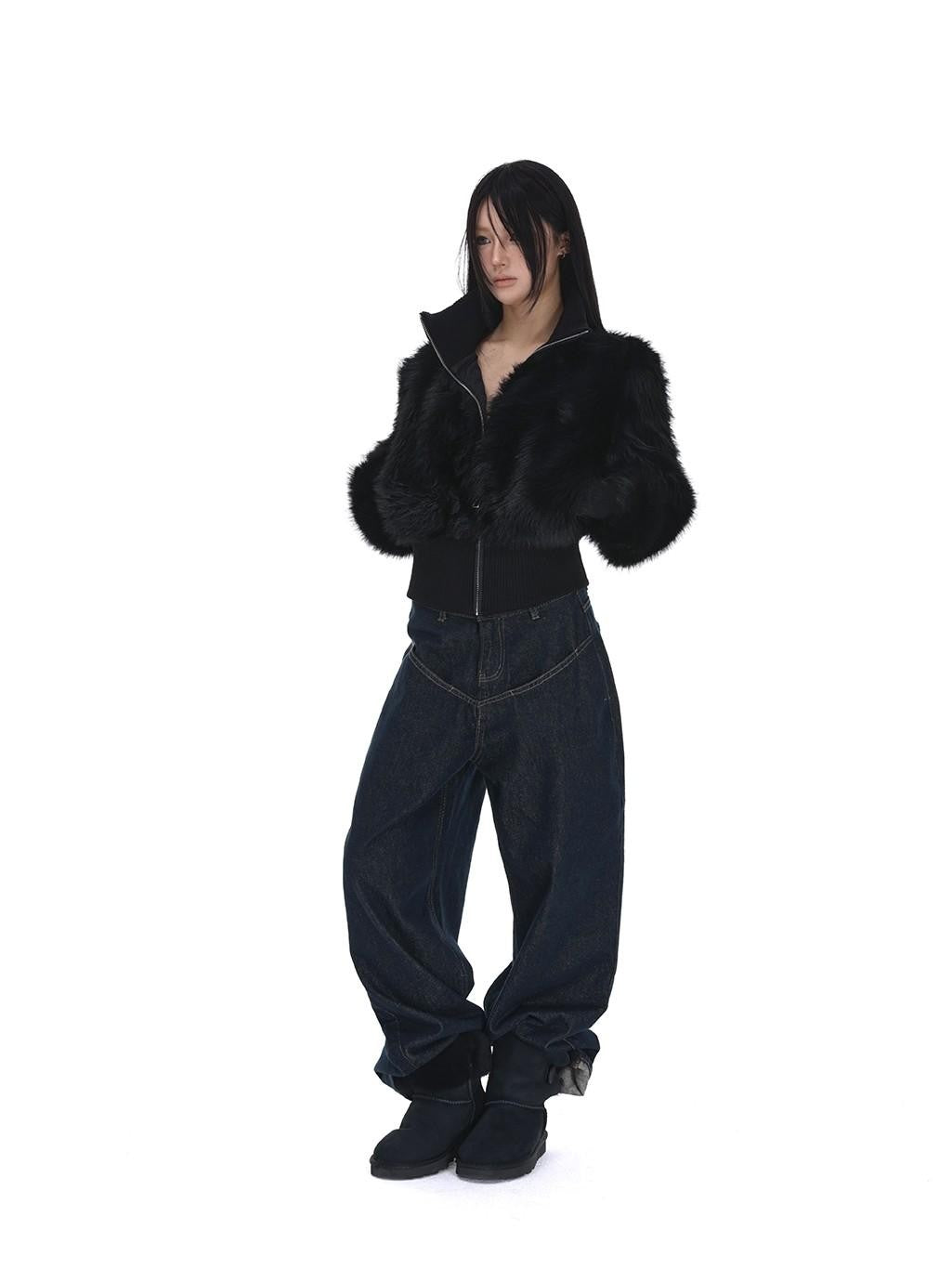 iamxiaa Black Cropped Stand Collar Zipper Petite Women&