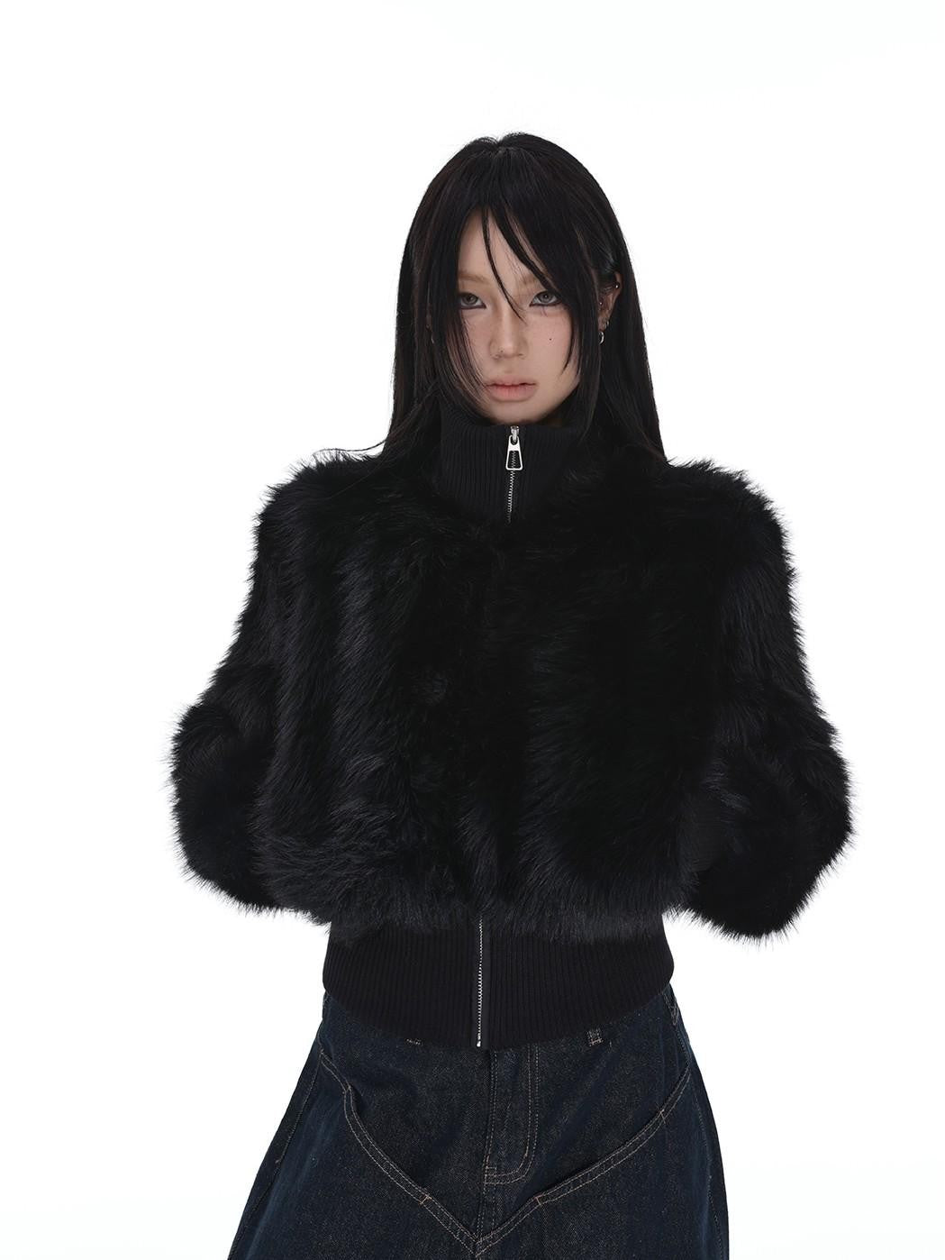 iamxiaa Black Cropped Stand Collar Zipper Petite Women&