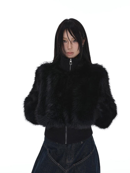 iamxiaa Black Cropped Stand Collar Zipper Petite Women&