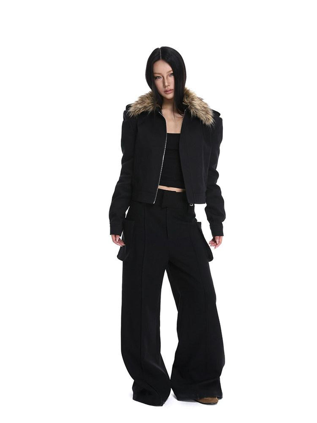 iamxiaa Black Detachable Fur Collar Cropped Petite Women&
