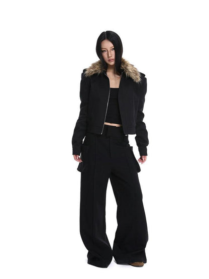 iamxiaa Black Detachable Fur Collar Cropped Petite Women&