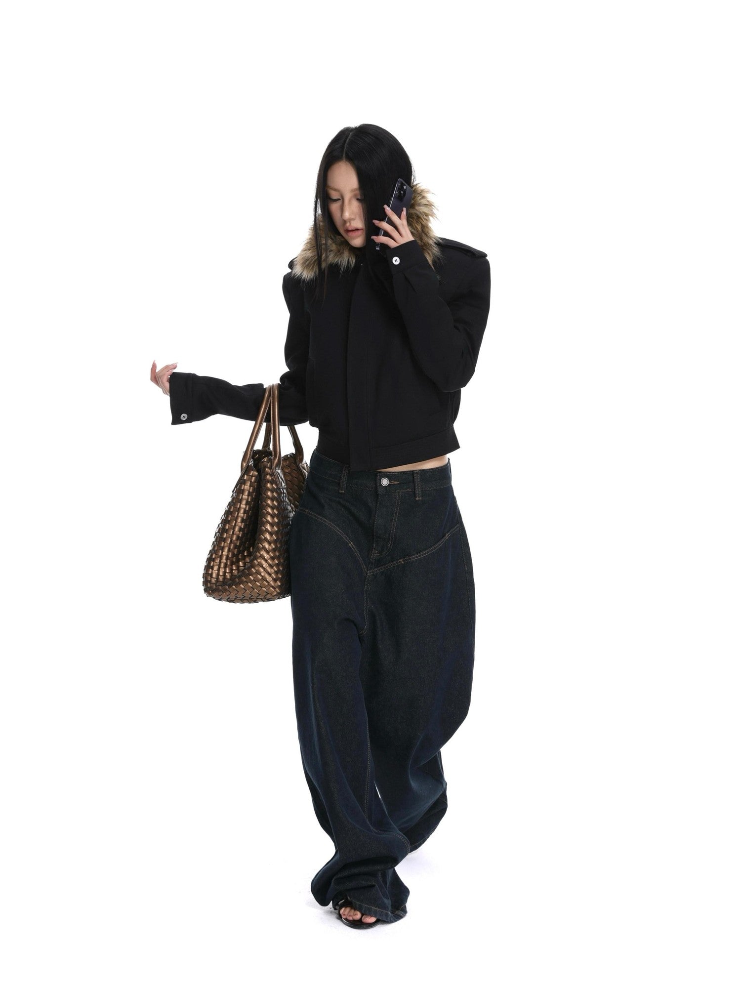 iamxiaa Black Detachable Fur Collar Cropped Petite Women&
