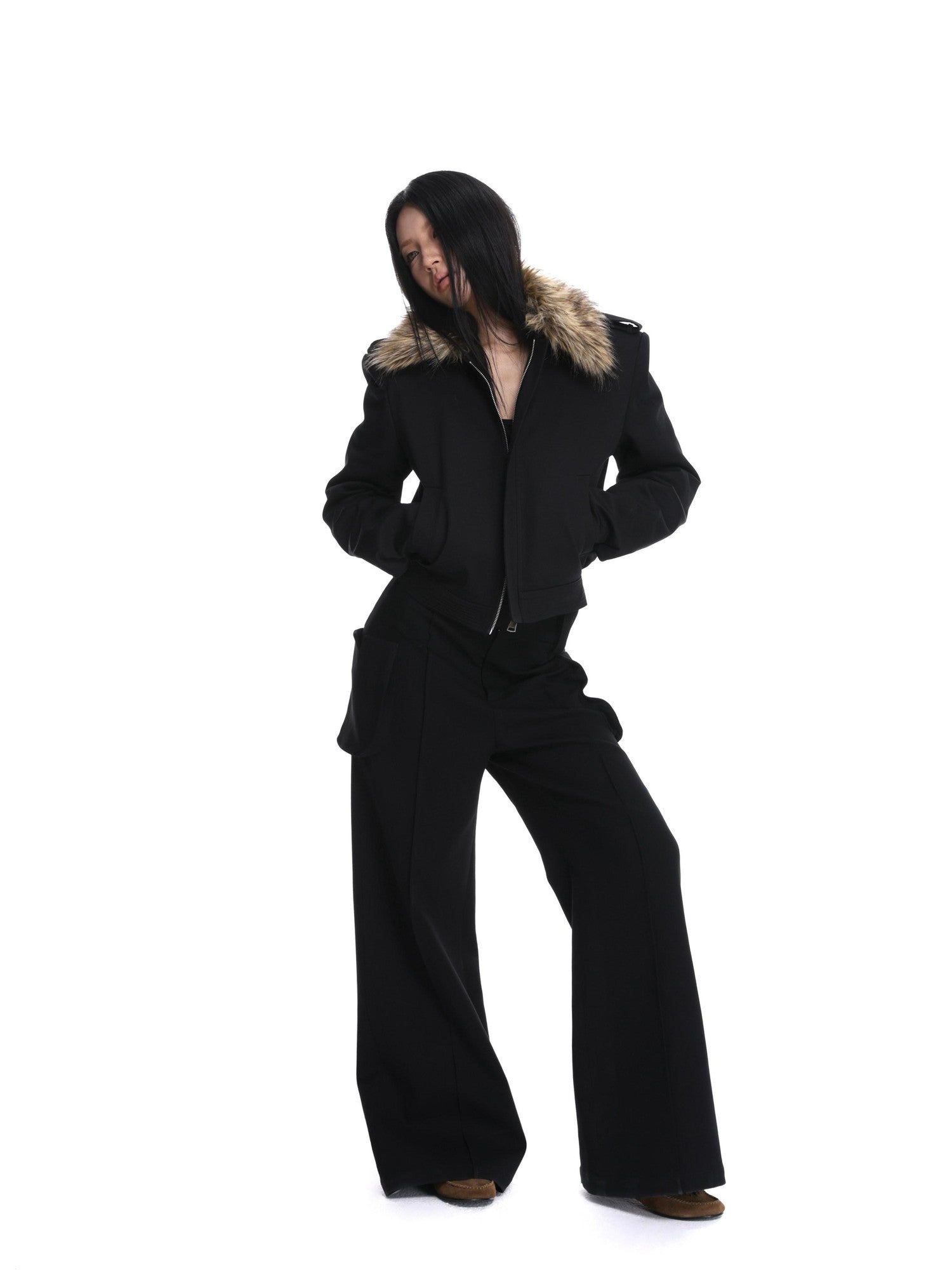 iamxiaa Black Detachable Fur Collar Cropped Petite Women&