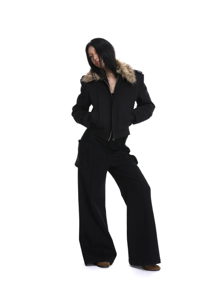 iamxiaa Black Detachable Fur Collar Cropped Petite Women&