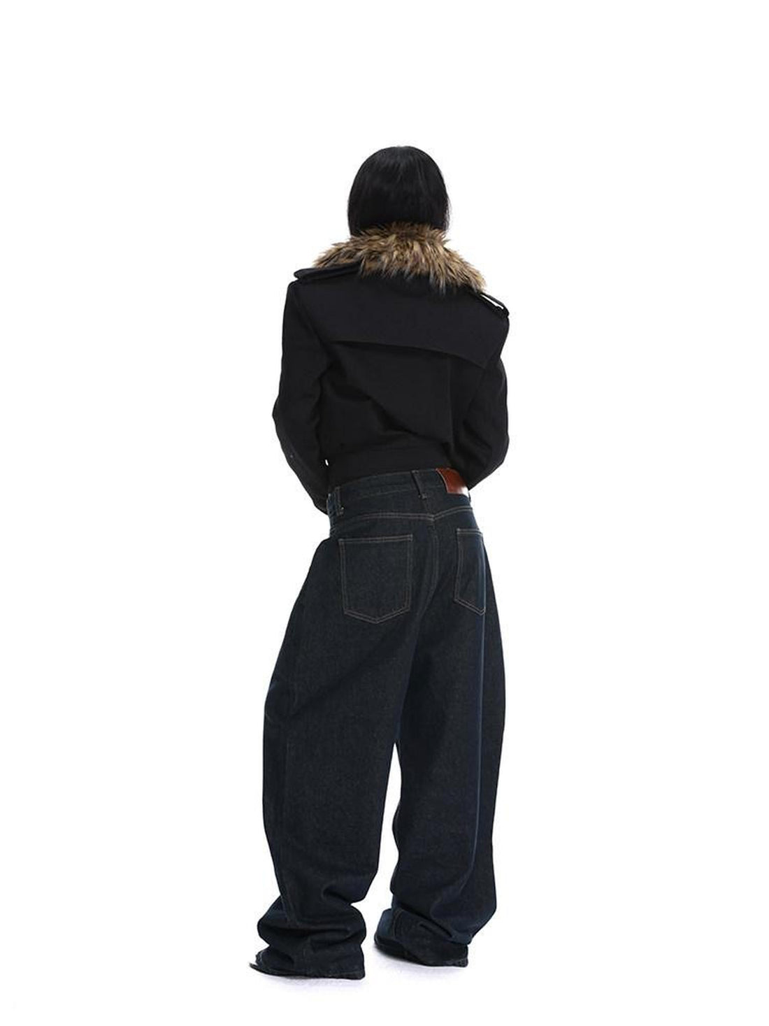 iamxiaa Black Detachable Fur Collar Cropped Petite Women&