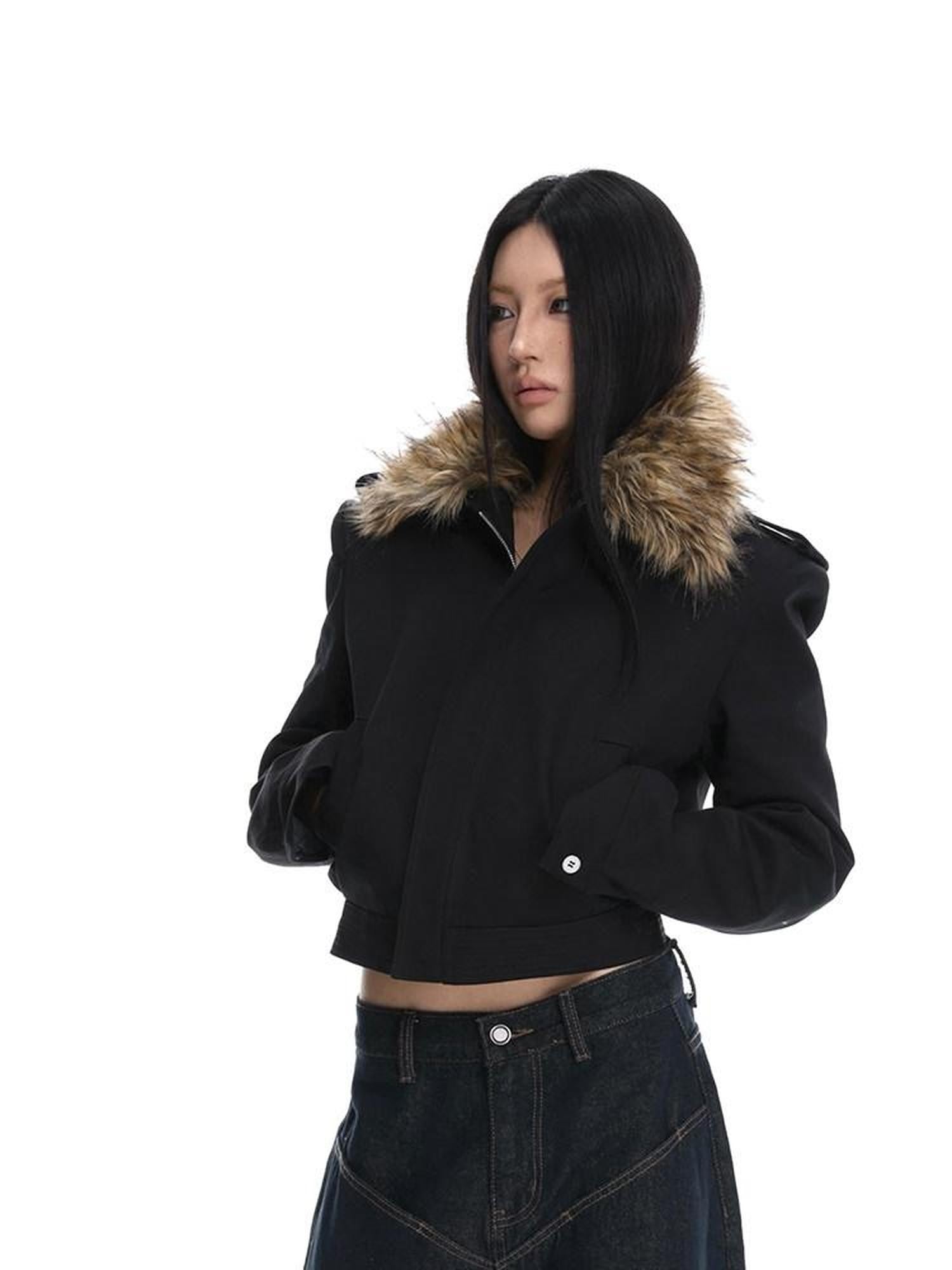 iamxiaa Black Detachable Fur Collar Cropped Petite Women&