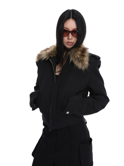 iamxiaa Black Detachable Fur Collar Cropped Petite Women&