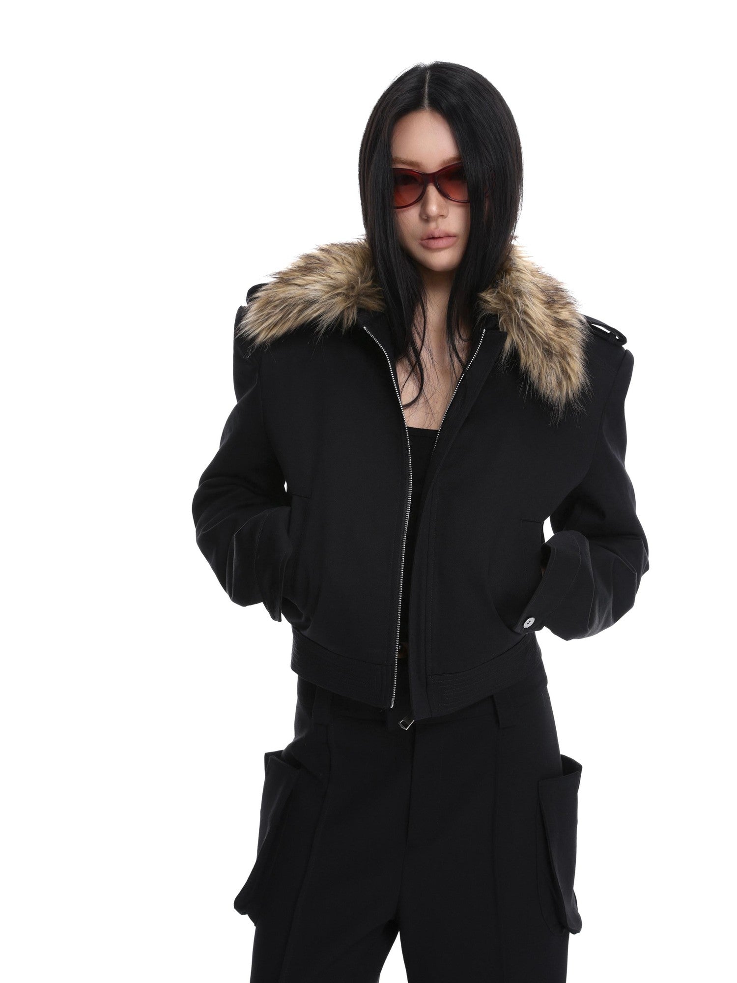 iamxiaa Black Detachable Fur Collar Cropped Petite Women&
