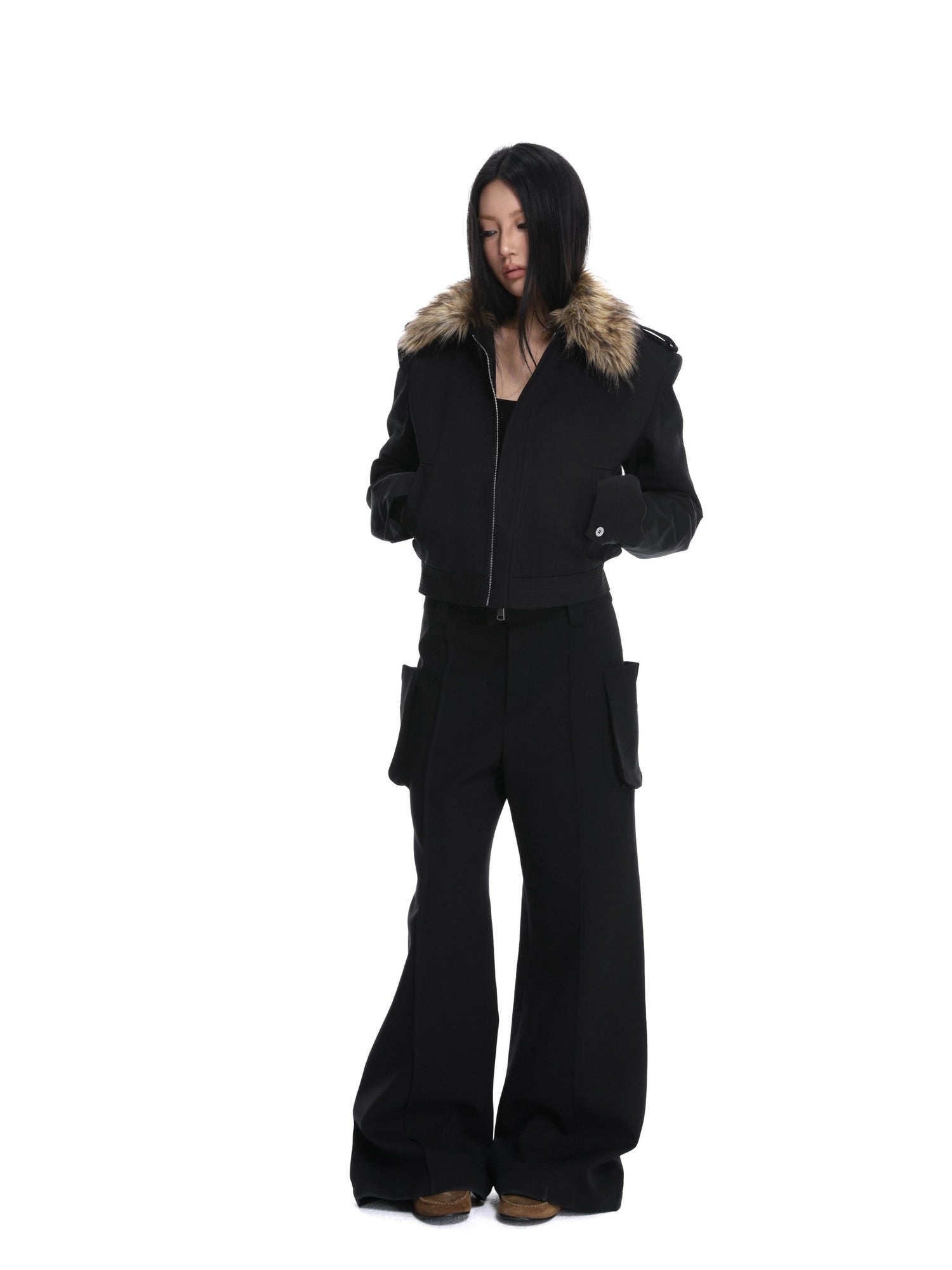 iamxiaa Black Detachable Fur Collar Cropped Petite Women&