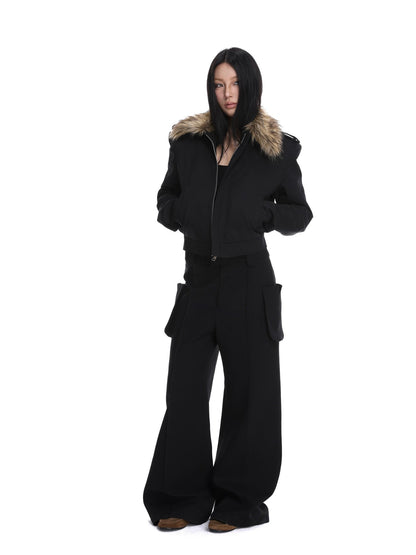 iamxiaa Black Detachable Fur Collar Cropped Petite Women&