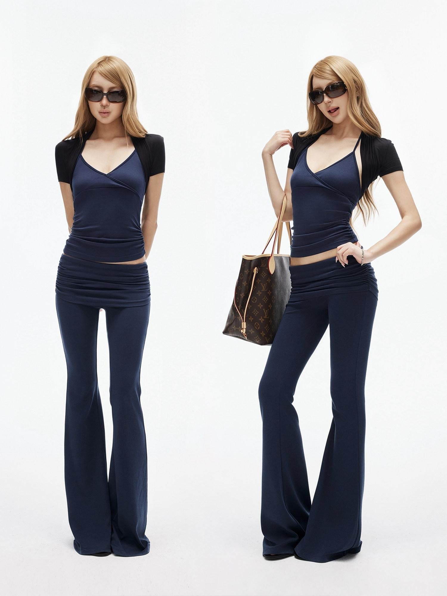 iamxiaa Black Diagonal Natural Pleated Short Slim Women&