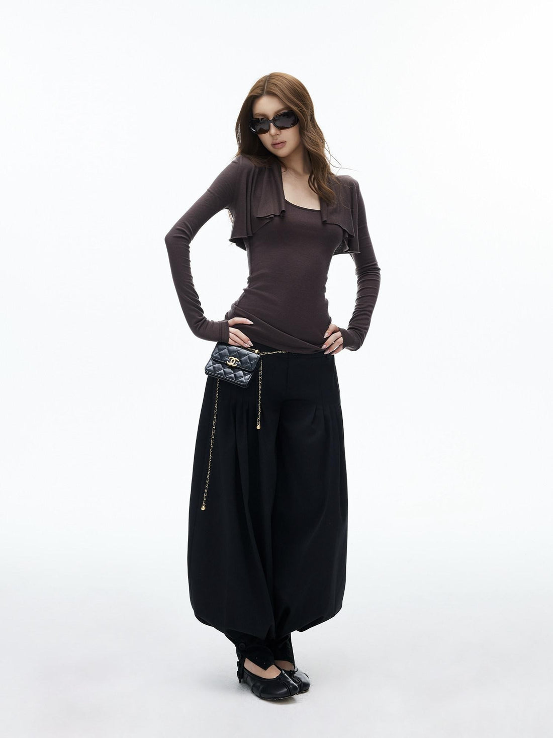 iamxiaa Black Double Buckle Wide Waist Lantern Pleated Low Rise Women&