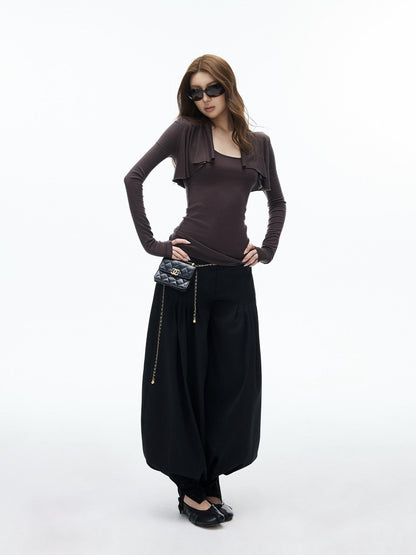 iamxiaa Black Double Buckle Wide Waist Lantern Pleated Low Rise Women&