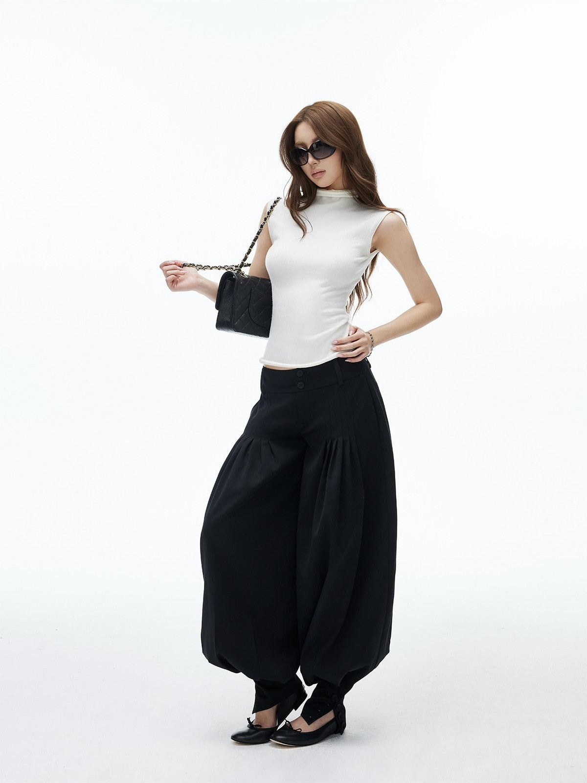 iamxiaa Black Double Buckle Wide Waist Lantern Pleated Low Rise Women&