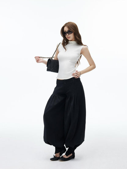 iamxiaa Black Double Buckle Wide Waist Lantern Pleated Low Rise Women&