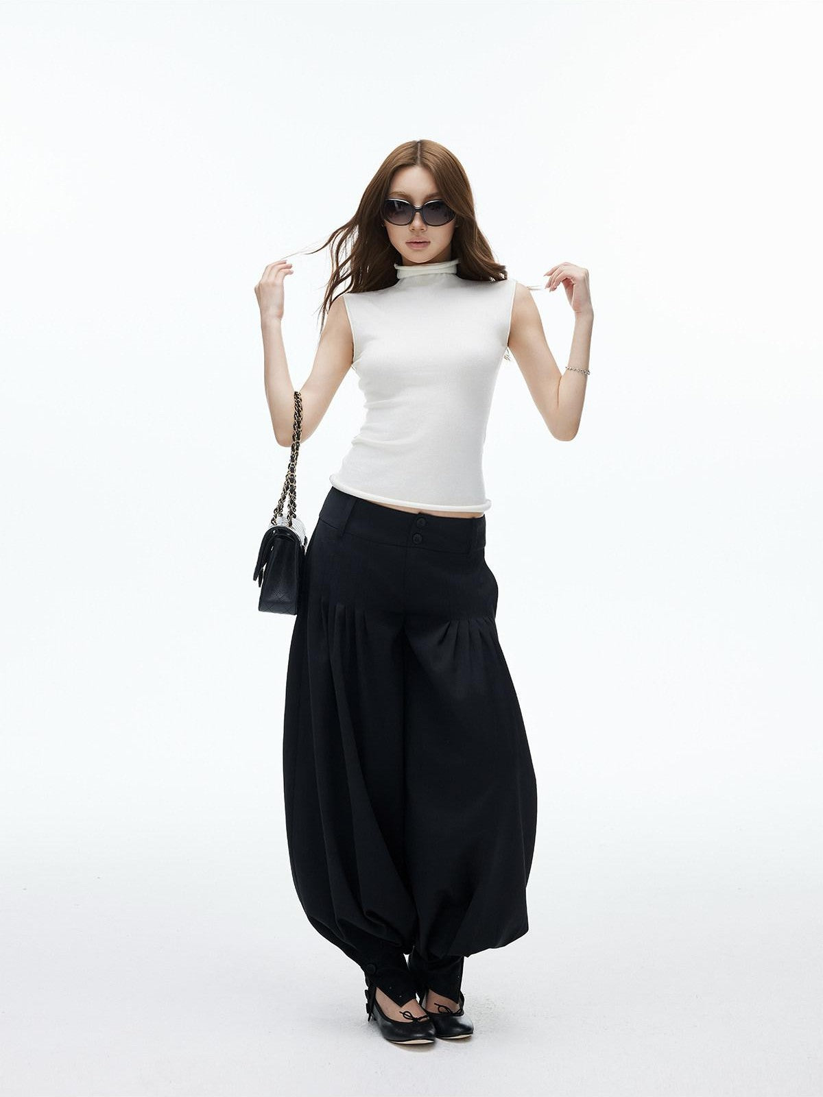 iamxiaa Black Double Buckle Wide Waist Lantern Pleated Low Rise Women&