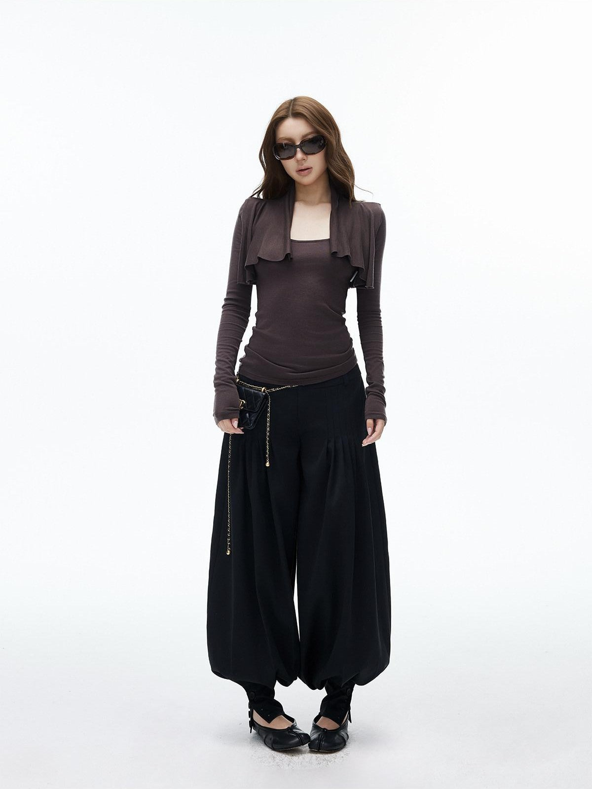 iamxiaa Black Double Buckle Wide Waist Lantern Pleated Low Rise Women&