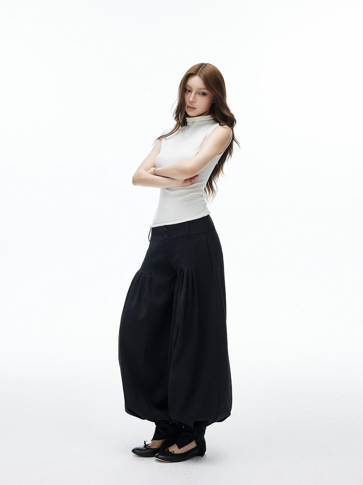 iamxiaa Black Double Buckle Wide Waist Lantern Pleated Low Rise Women&