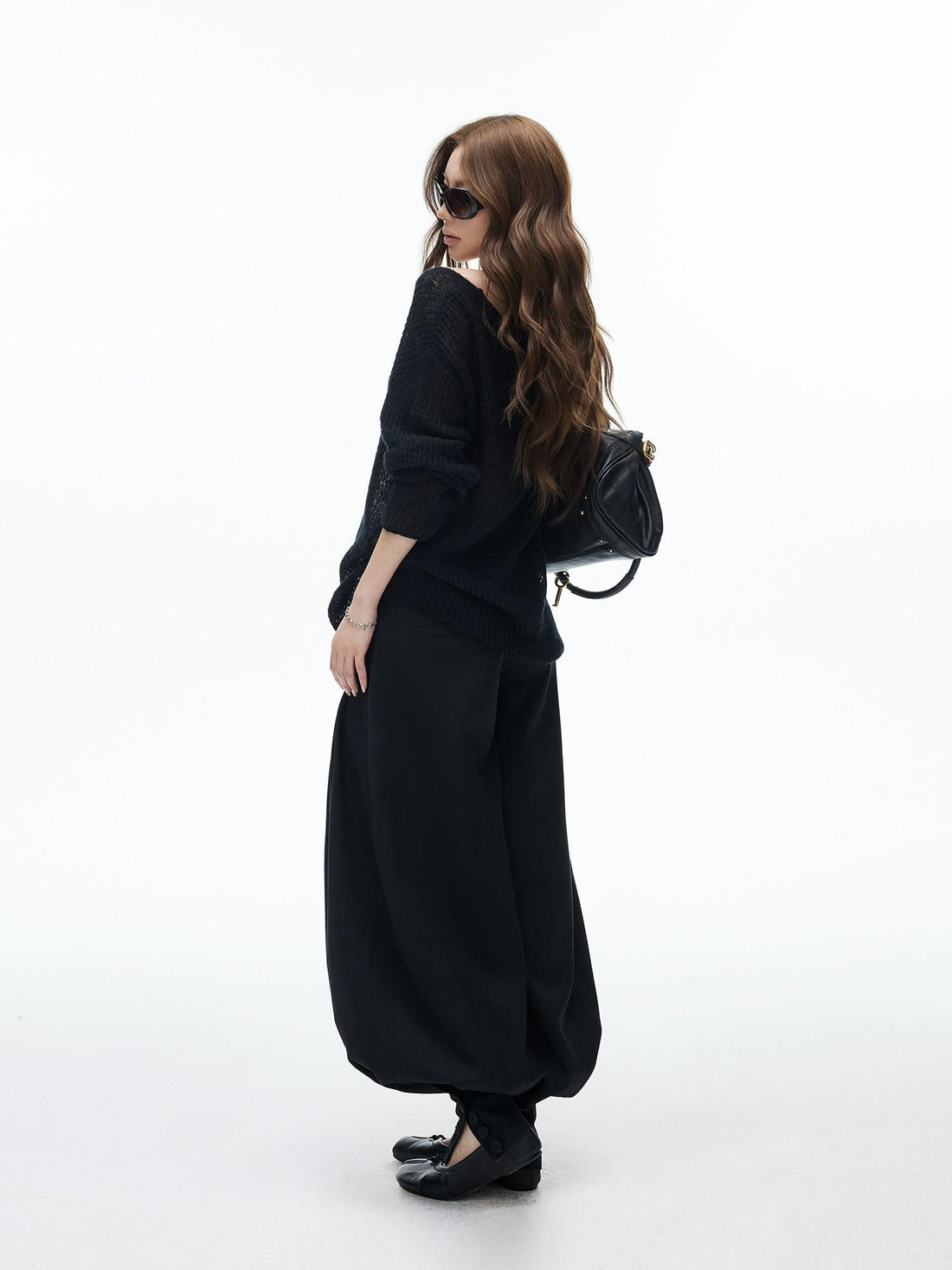 iamxiaa Black Double Buckle Wide Waist Lantern Pleated Low Rise Women&