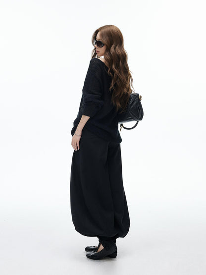 iamxiaa Black Double Buckle Wide Waist Lantern Pleated Low Rise Women&