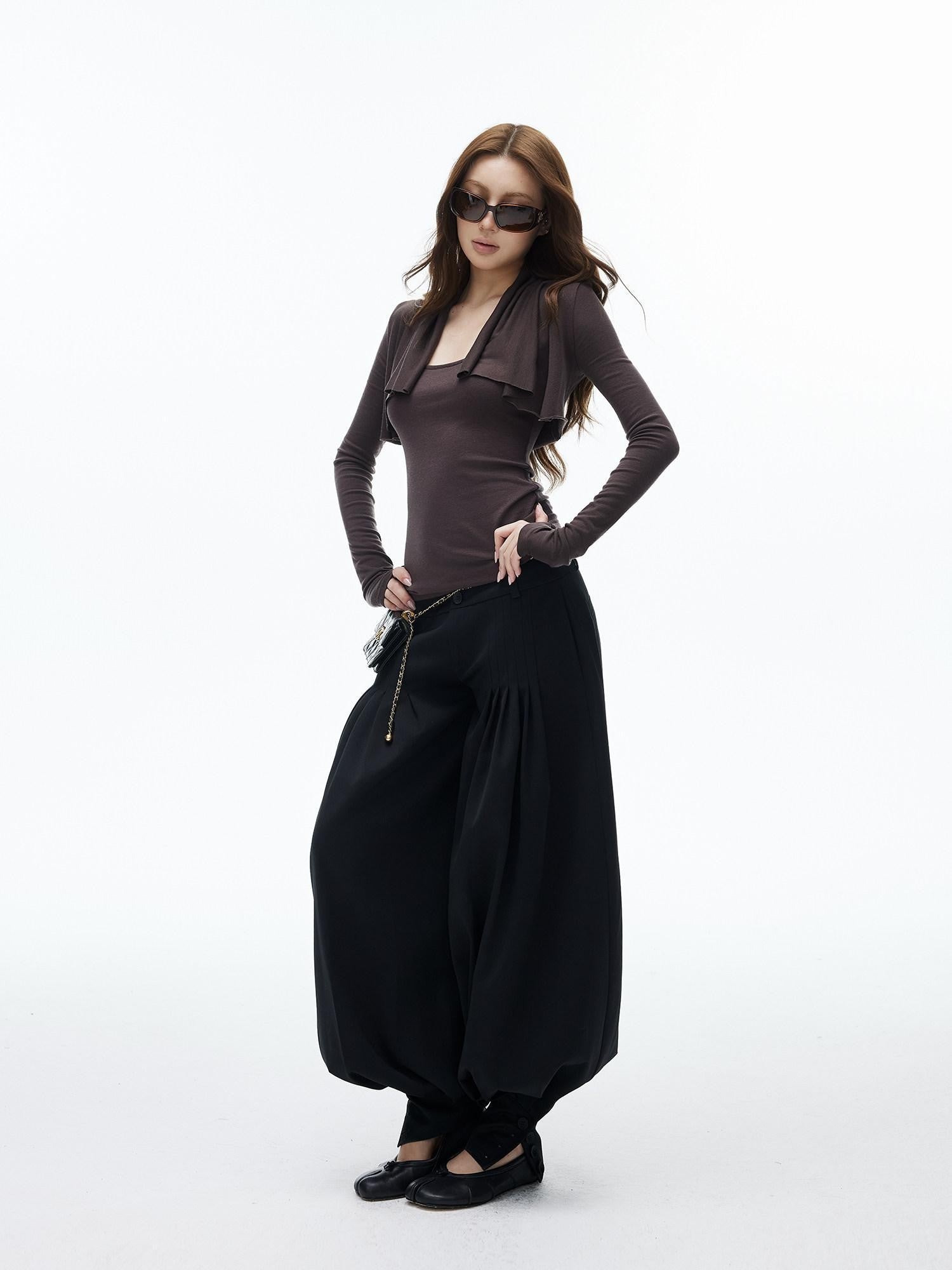 iamxiaa Black Double Buckle Wide Waist Lantern Pleated Low Rise Women&