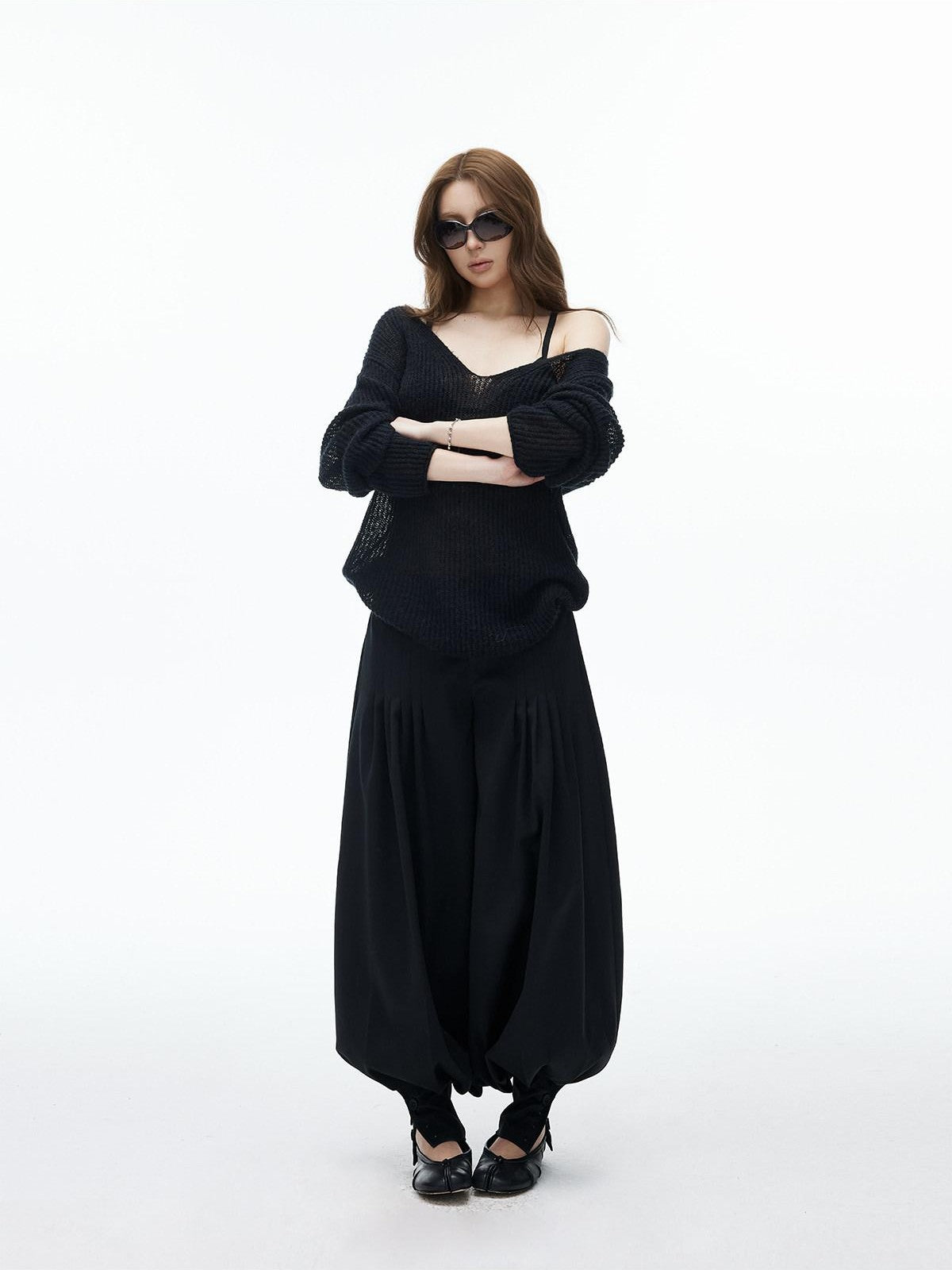 iamxiaa Black Double Buckle Wide Waist Lantern Pleated Low Rise Women&