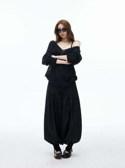 iamxiaa Black Double Buckle Wide Waist Lantern Pleated Low Rise Women&