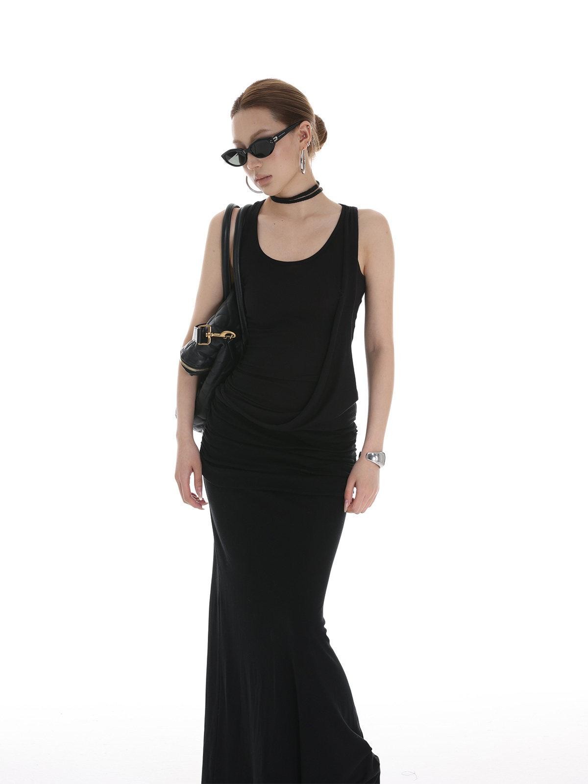 iamxiaa Black Draped Ribbon Tie Rolled Hem Women&