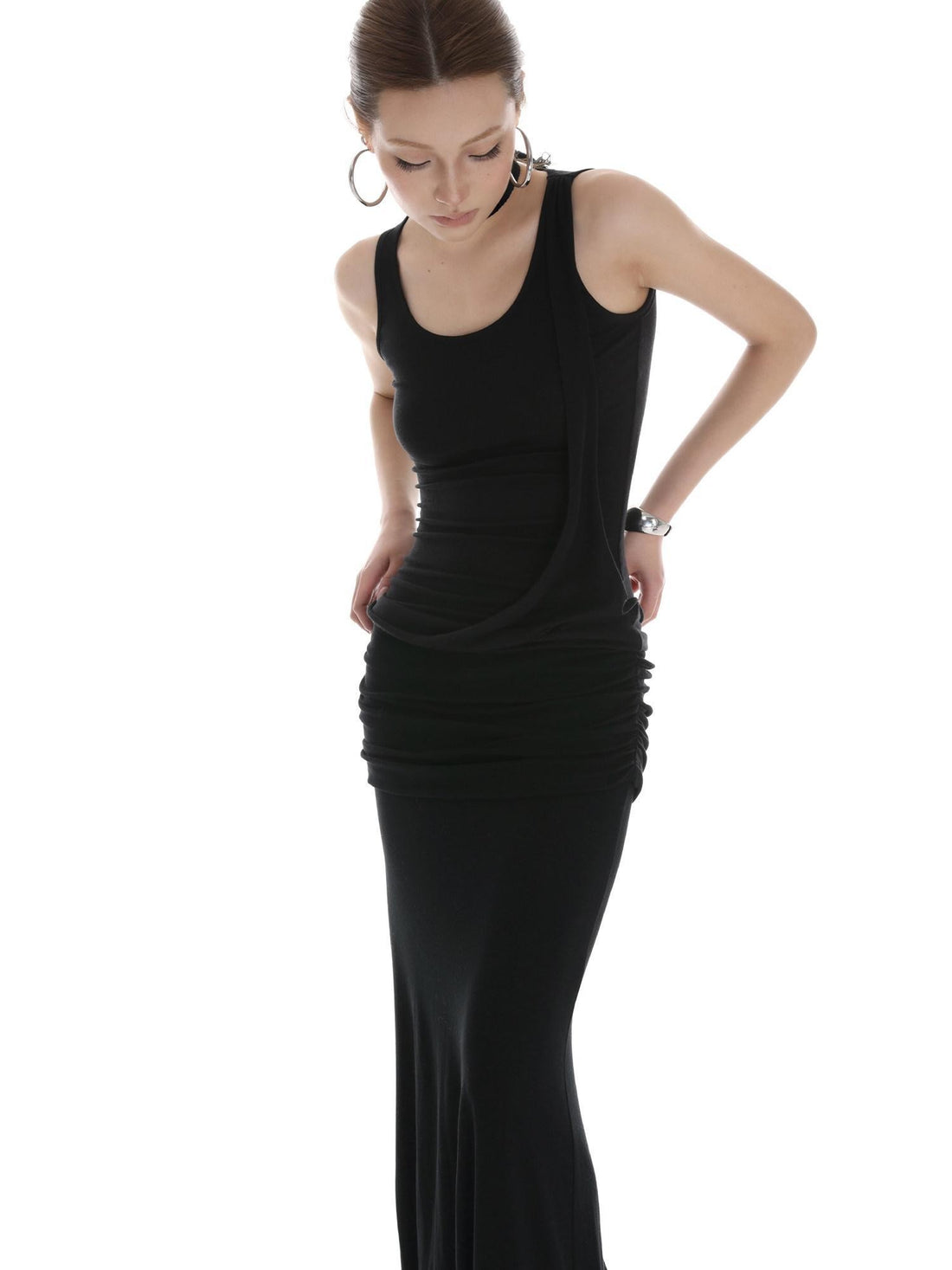 iamxiaa Black Draped Ribbon Tie Rolled Hem Women&