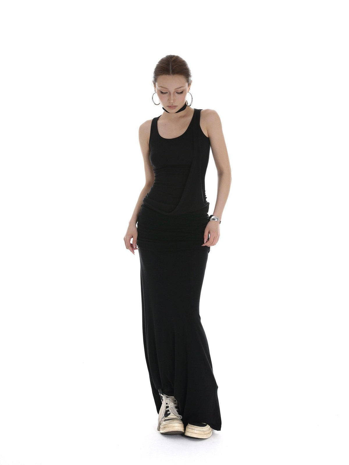 iamxiaa Black Draped Ribbon Tie Rolled Hem Women&