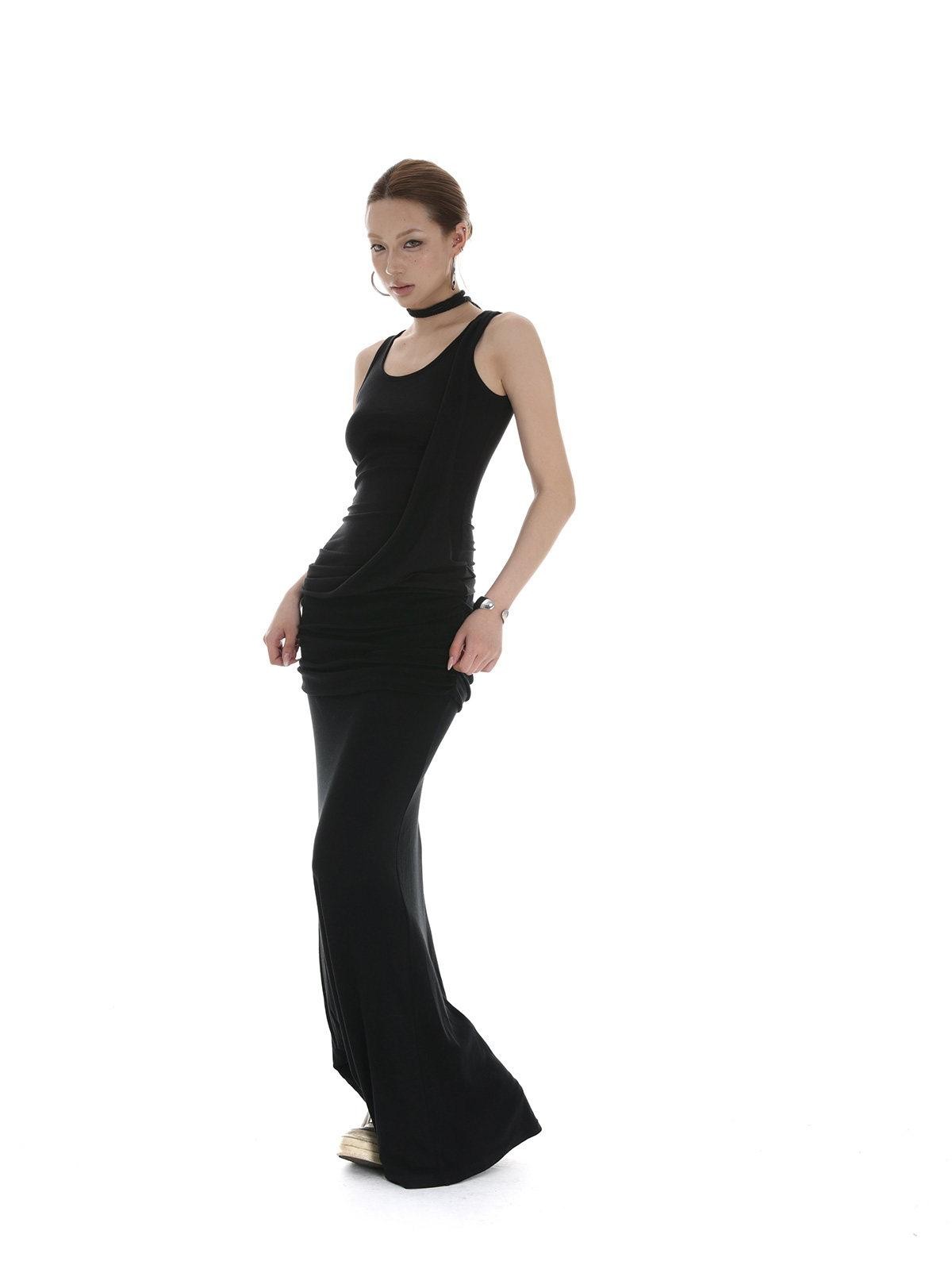 iamxiaa Black Draped Ribbon Tie Rolled Hem Women&