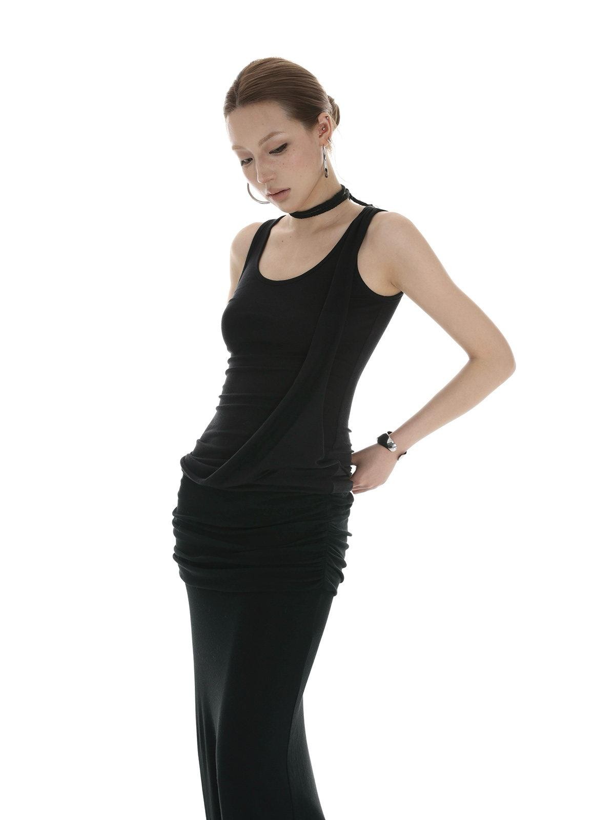 iamxiaa Black Draped Ribbon Tie Rolled Hem Women&