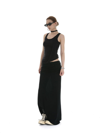 iamxiaa Black Draped Ribbon Tie Rolled Hem Women&