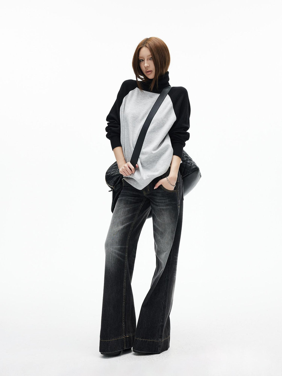 iamxiaa Black Gray Colorblock Raglan High Neck Women&