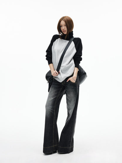 iamxiaa Black Gray Colorblock Raglan High Neck Women&
