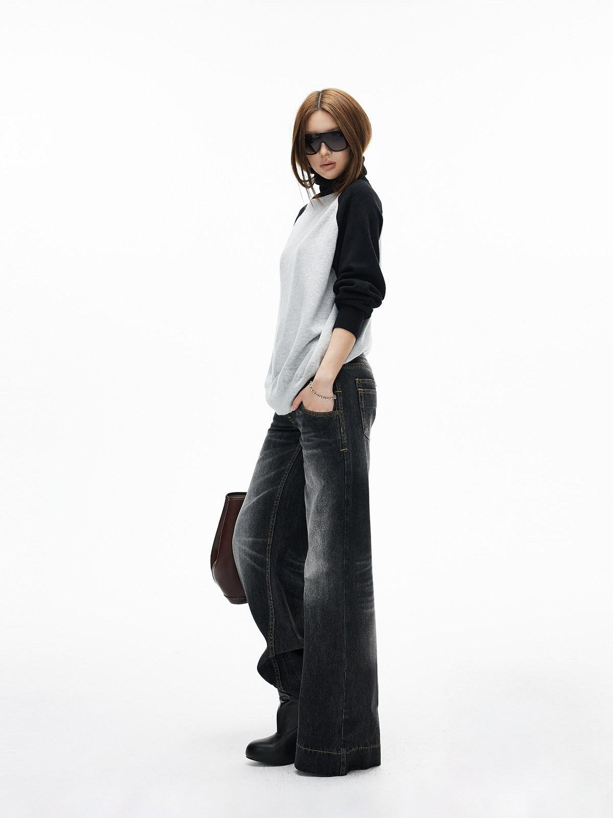 iamxiaa Black Gray Colorblock Raglan High Neck Women&