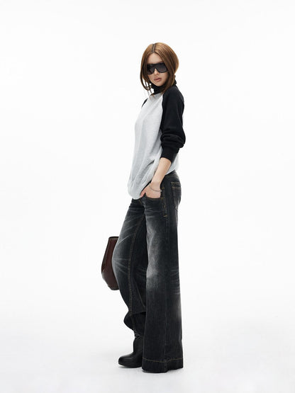 iamxiaa Black Gray Colorblock Raglan High Neck Women&