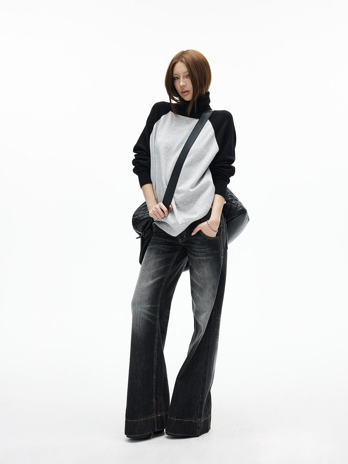 iamxiaa Black Gray Colorblock Raglan High Neck Women&
