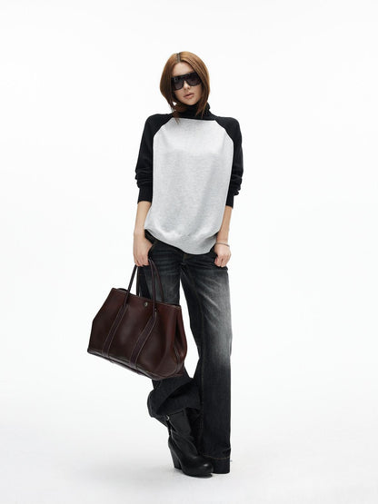 iamxiaa Black Gray Colorblock Raglan High Neck Women&