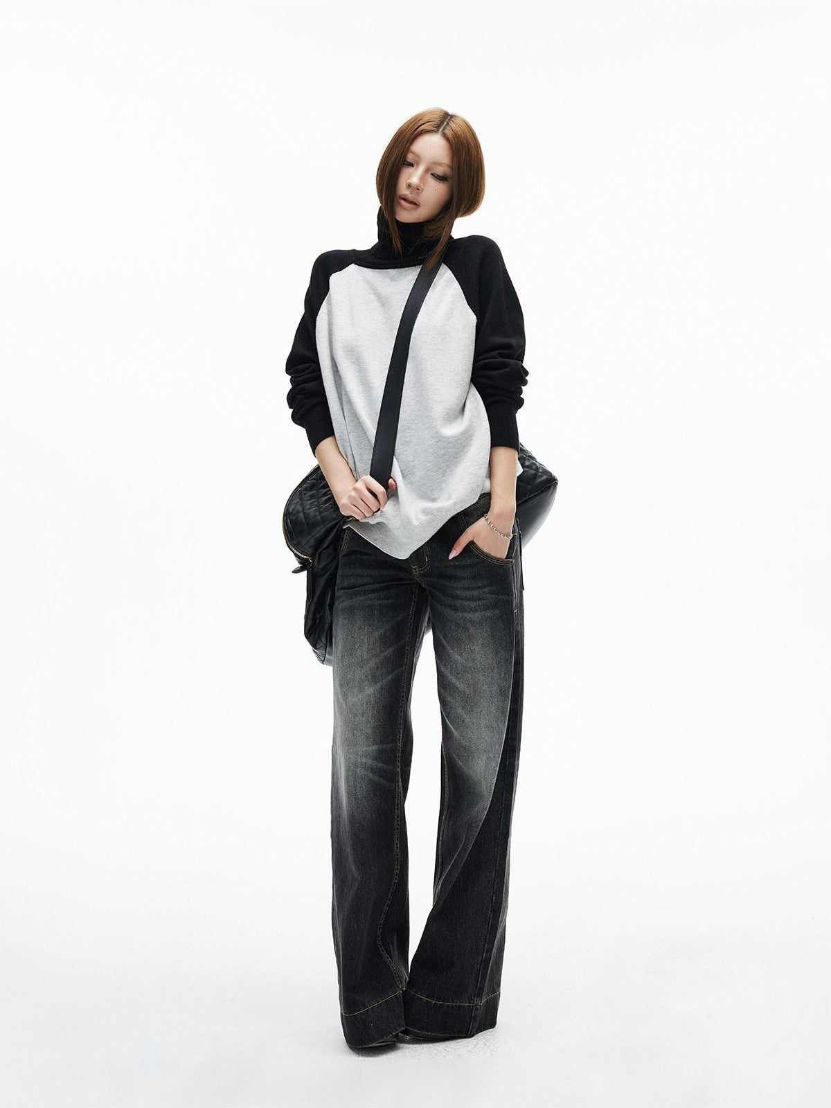 iamxiaa Black Gray Colorblock Raglan High Neck Women&