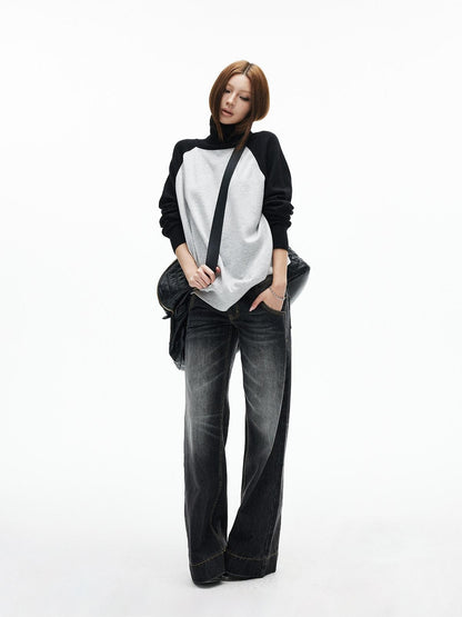 iamxiaa Black Gray Colorblock Raglan High Neck Women&