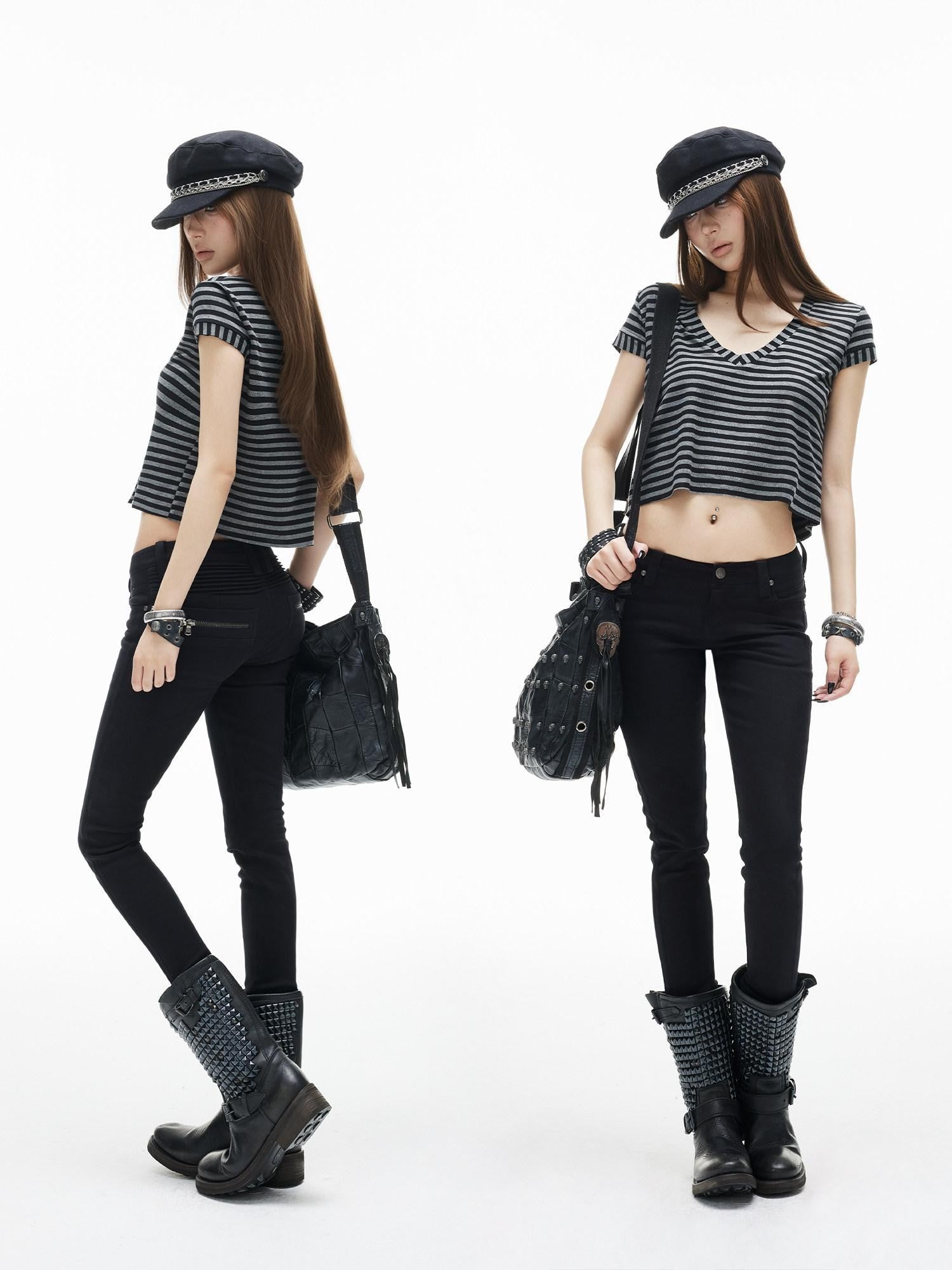 iamxiaa Black Gray Striped Sweetheart Flutter Sleeves Women&