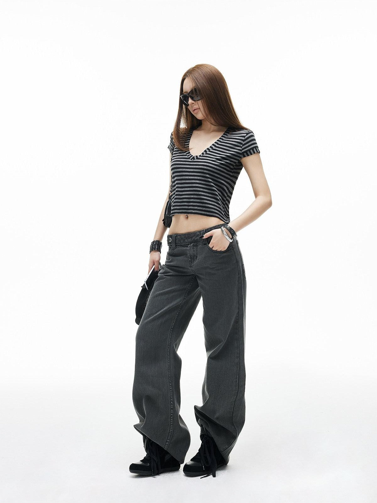 iamxiaa Black Gray Striped Sweetheart Flutter Sleeves Women&