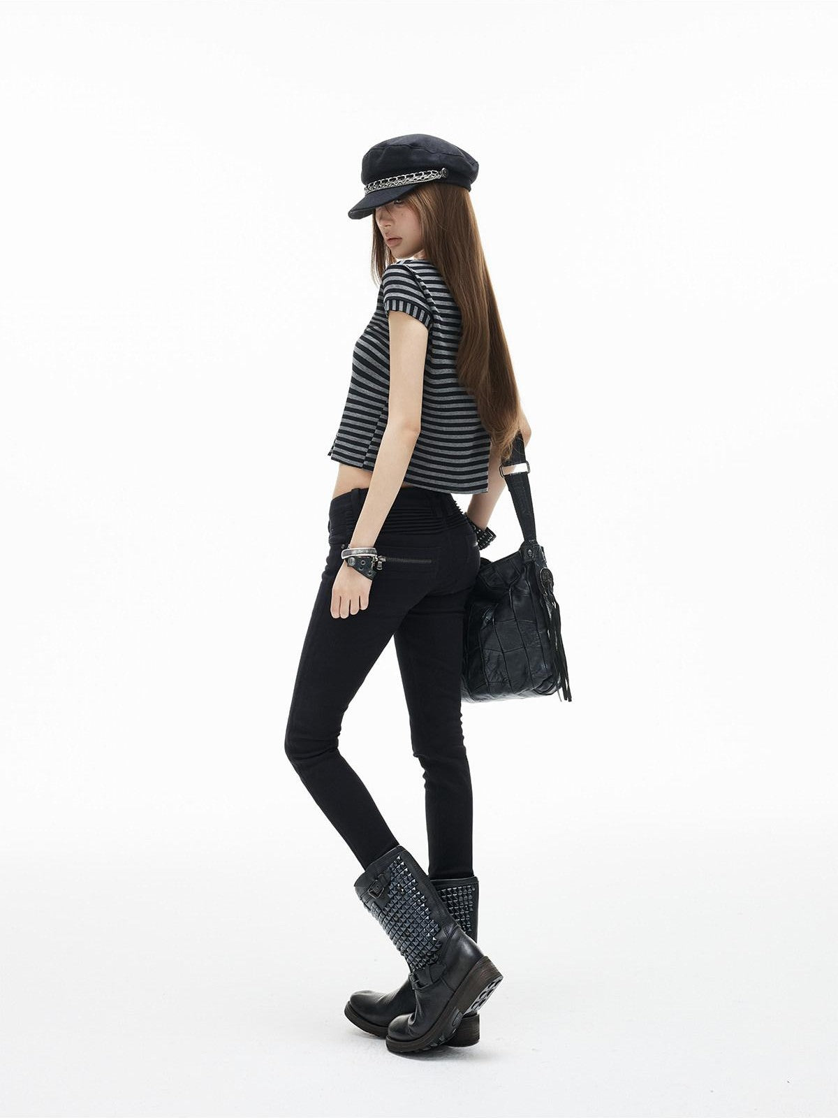 iamxiaa Black Gray Striped Sweetheart Flutter Sleeves Women&