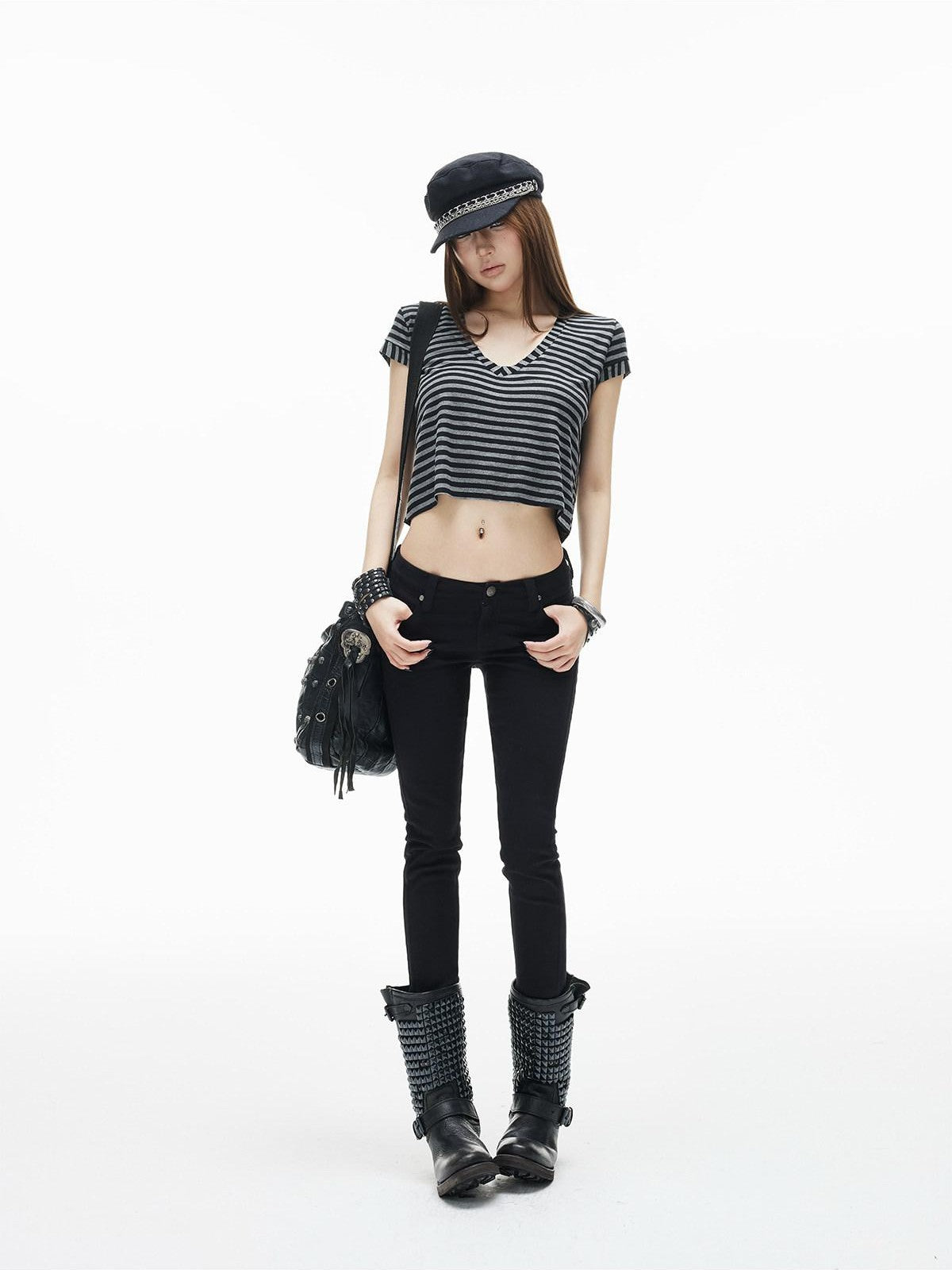 iamxiaa Black Gray Striped Sweetheart Flutter Sleeves Women&