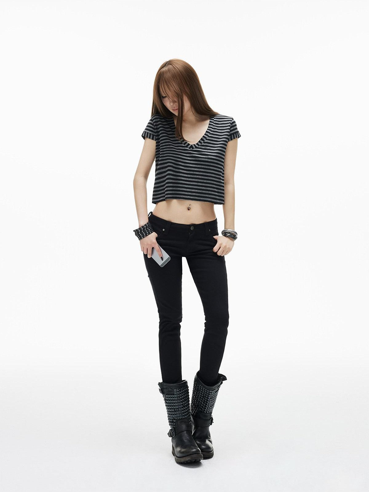 iamxiaa Black Gray Striped Sweetheart Flutter Sleeves Women&