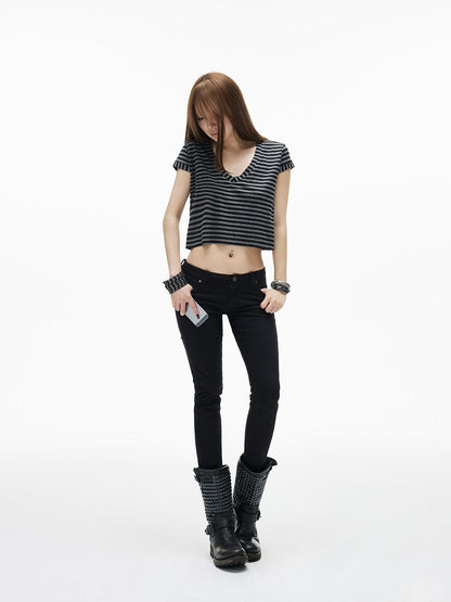 iamxiaa Black Gray Striped Sweetheart Flutter Sleeves Women&